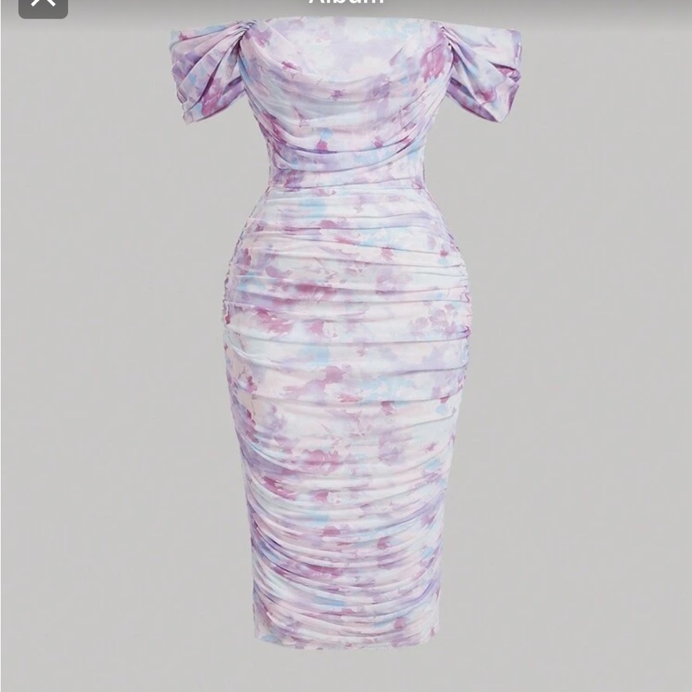 SHEIN Curve Sheer Mesh Flower Tie-Dye Ruched Dress - Size 0XL (Curve)